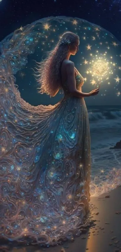 Ethereal woman in glowing dress under starry night sky by the ocean.