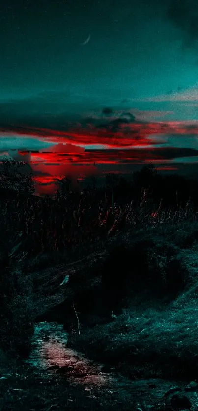 Ethereal landscape with teal sky and red clouds at night.