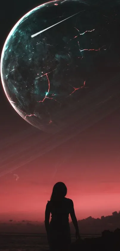 Silhouette with a glowing cracked planet in a red-black night sky