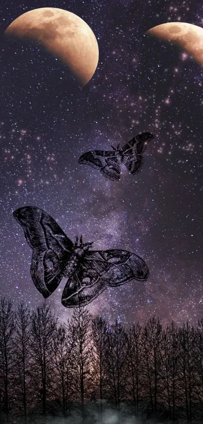 Moths flutter under dual moons and starry sky above trees.