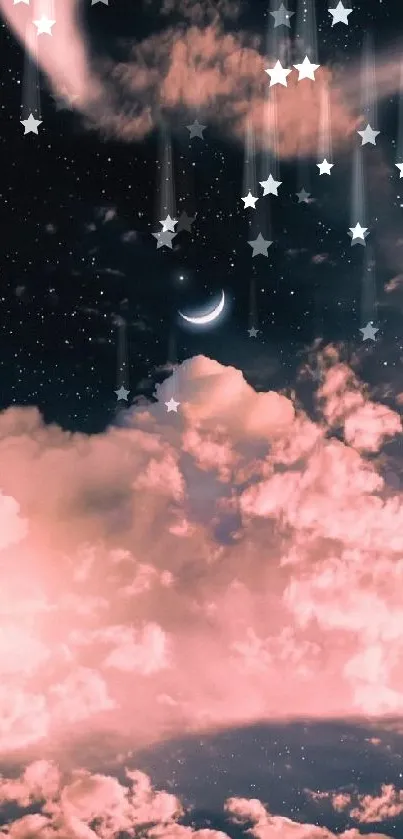 Ethereal night sky with pink clouds and crescent moon.