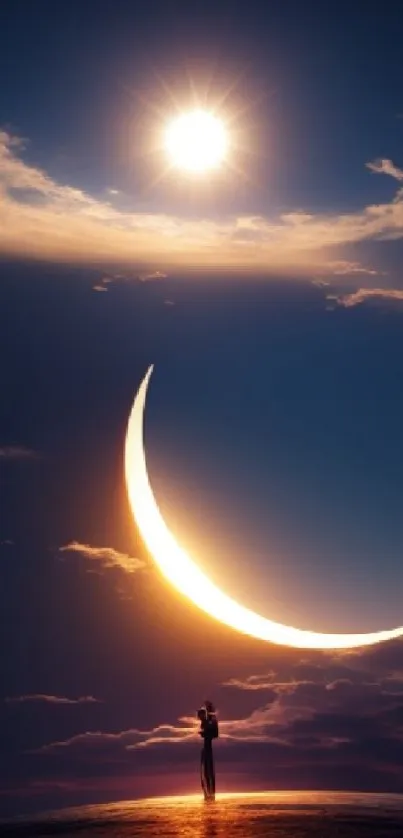 Silhouette under crescent moon and sun in night sky wallpaper.