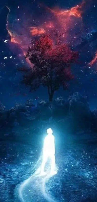 Ethereal mobile wallpaper with luminous figure under starry sky.