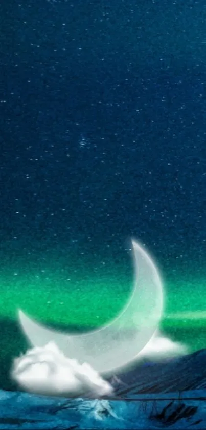 Crescent moon in a starry night sky with green aurora glow.