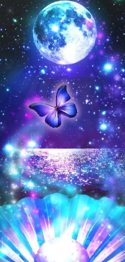 Dreamy moonlit night sky with butterfly and seashell.