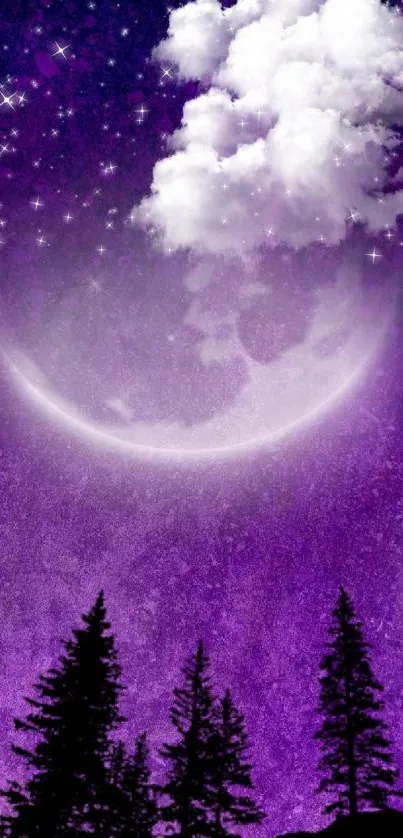 Ethereal purple night sky wallpaper with stars, moon, and trees silhouetted.