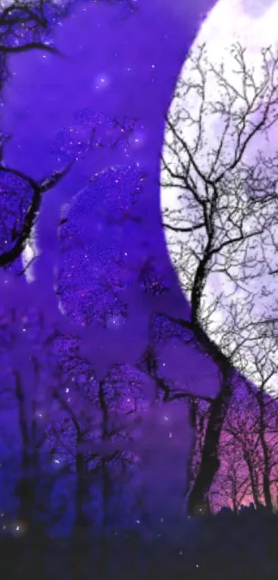 Mystical purple sky with silhouetted trees and a glowing moon.