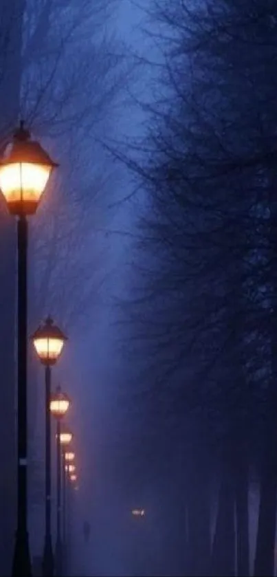 Night street with glowing lamps and misty trees.