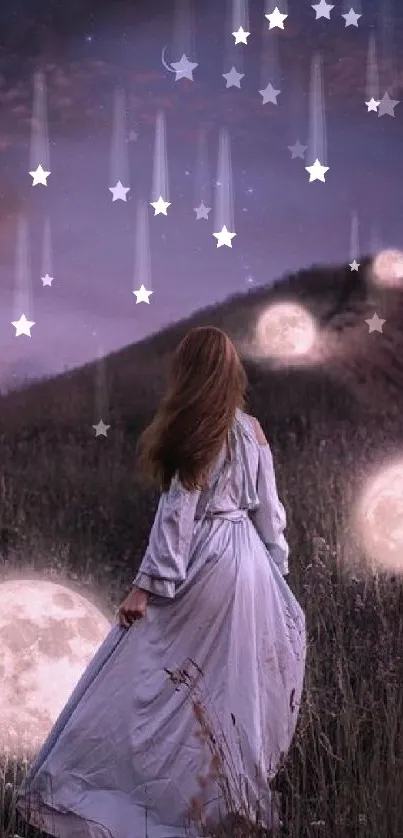 Woman in flowing dress walks under glowing moons in an ethereal nightscape.