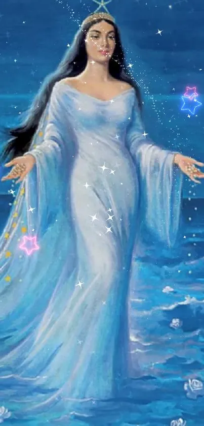 Ocean goddess in blue with celestial elements.