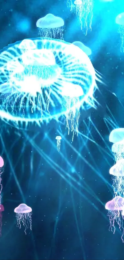 Ethereal jellyfish in deep blue ocean with radiant light beams.