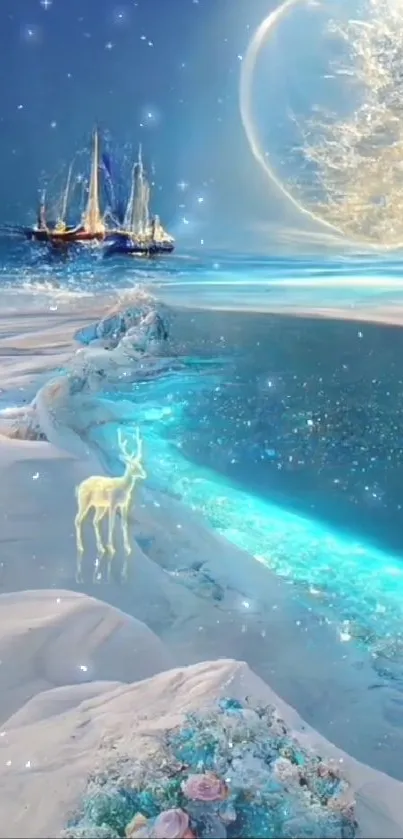 Ethereal ocean with moonlight, glowing deer, and sailboats.