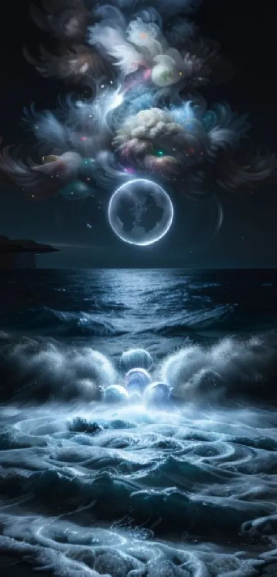 Ethereal ocean nightscape with swirling clouds and glowing moonlight.