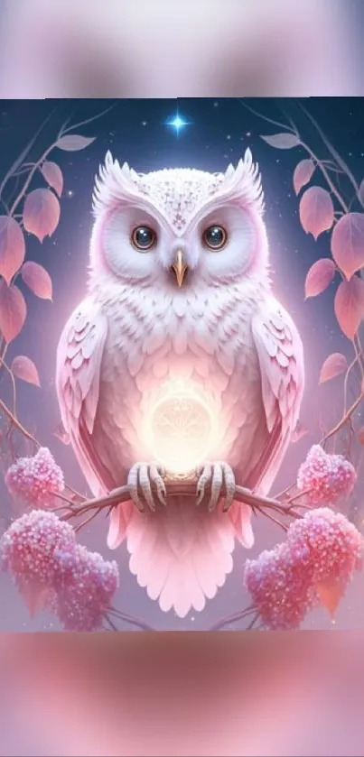 Ethereal white owl on dreamlike branch amid a mystical sky.