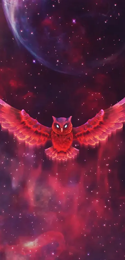 Red owl soaring through a cosmic starry background.