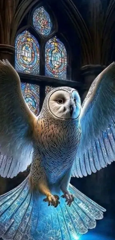 Ethereal owl with glowing wings in a Gothic cathedral.