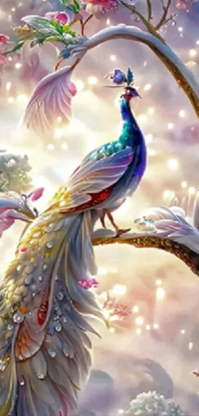 Ethereal peacock perched on a mystical tree.