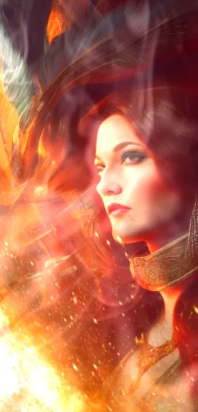 Fiery phoenix-inspired woman with mystical aura.