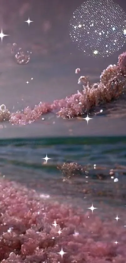 Ethereal pink beach and sky with serene atmosphere.