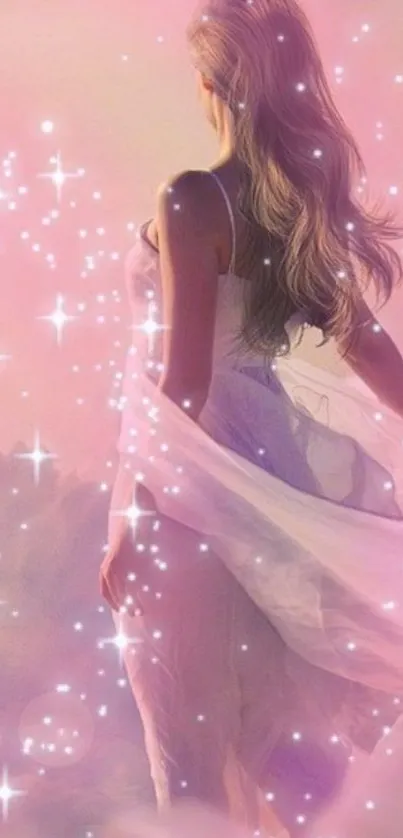 Ethereal woman with flowing dress in pink starry scenery.