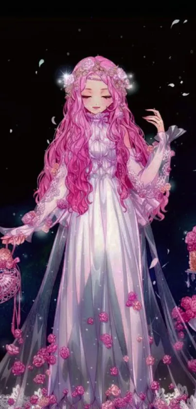 Elegant pink-haired princess in ethereal art setting.