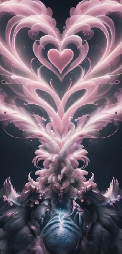 Abstract pink heart shapes forming a mystical design on a dark background.