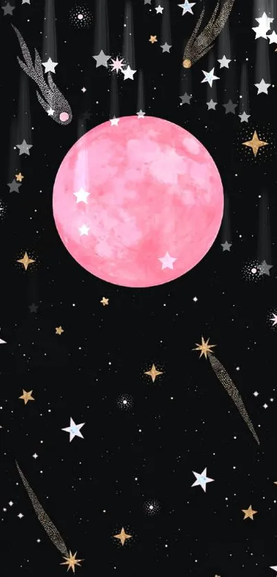 Ethereal pink moon with stars and comets on a black background.