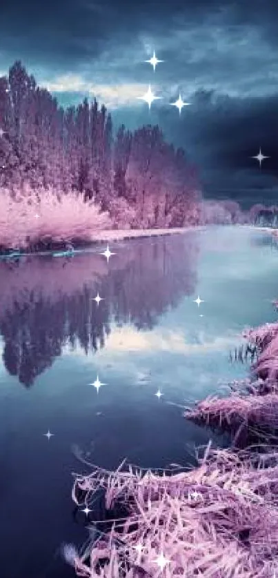 Surreal pink river scene with mystical skies and serene surroundings.