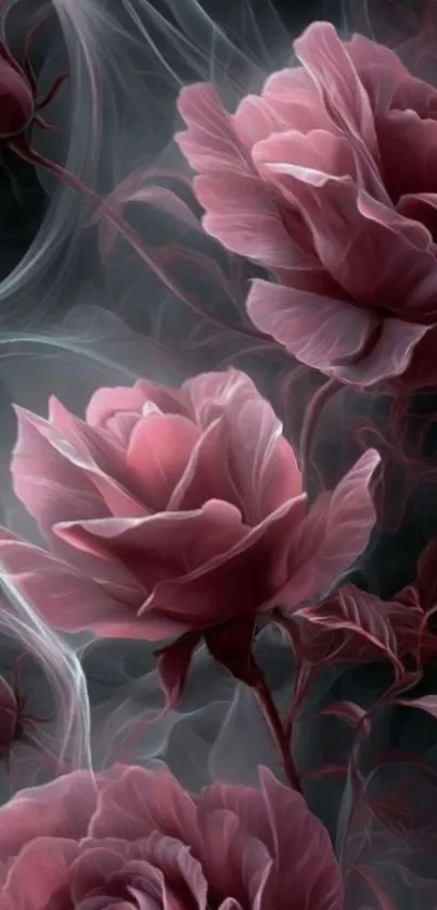 Ethereal pink roses with elegant swirls.