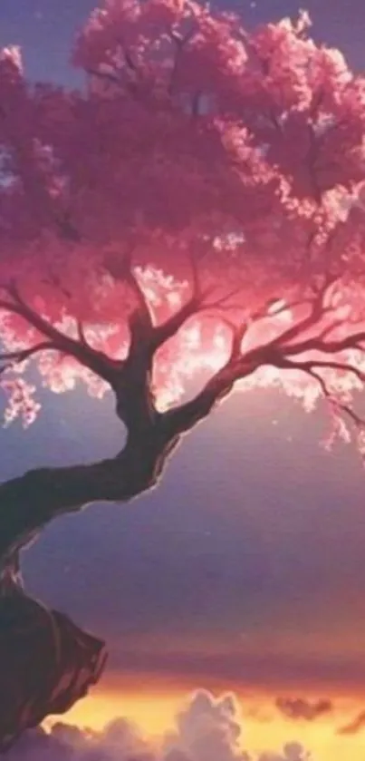 Majestic pink tree against twilight sky on a mobile wallpaper.