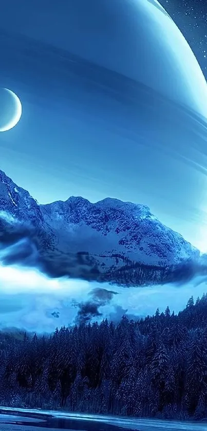 Ethereal landscape with planet and icy mountains under a starry night.