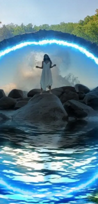 Mystical blue portal over rocks reflecting in water, framed by lush greenery.