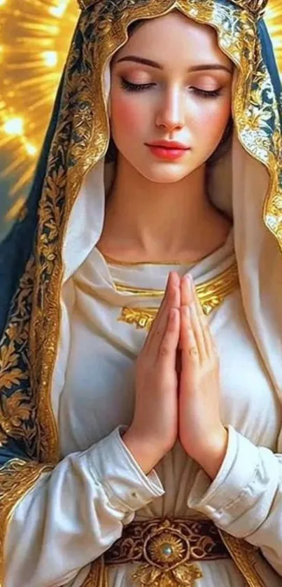 A serene figure in prayer with a golden glow, exuding peace and divinity.