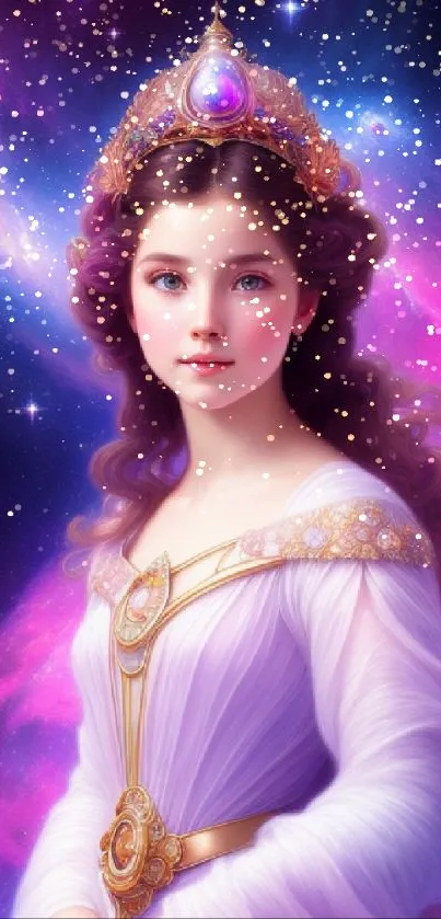 Ethereal princess in cosmic fantasy art with violet hues and starry background.