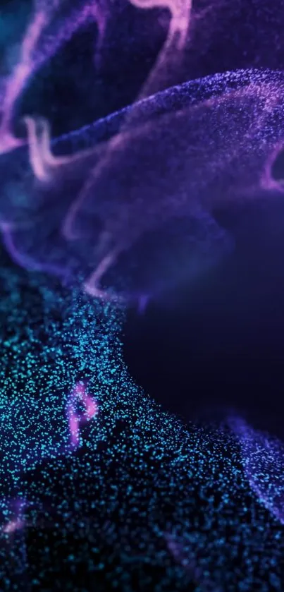 Ethereal digital art with purple and blue waves.