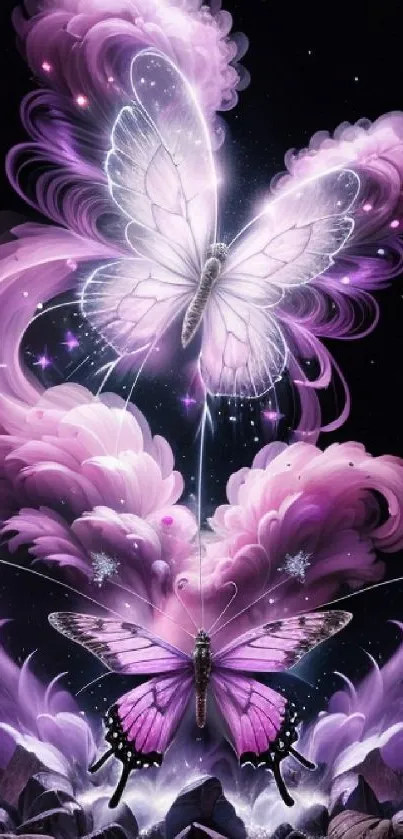 Purple butterflies in a fantasy night sky.