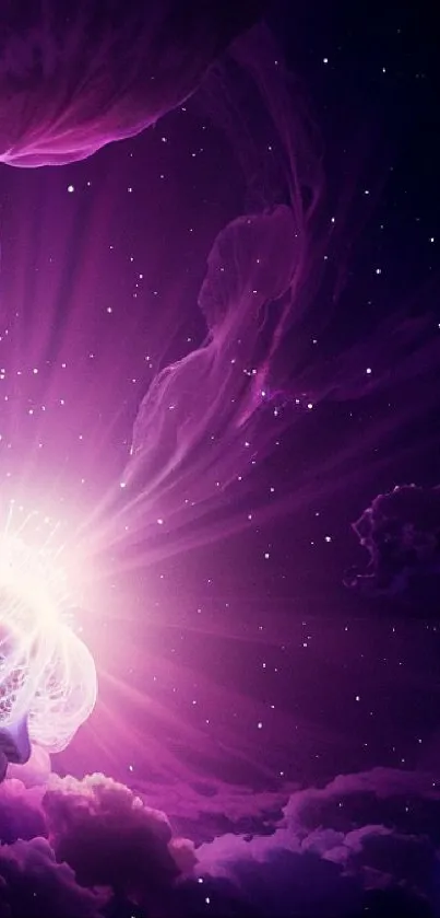 Purple cosmic scene with ethereal light.