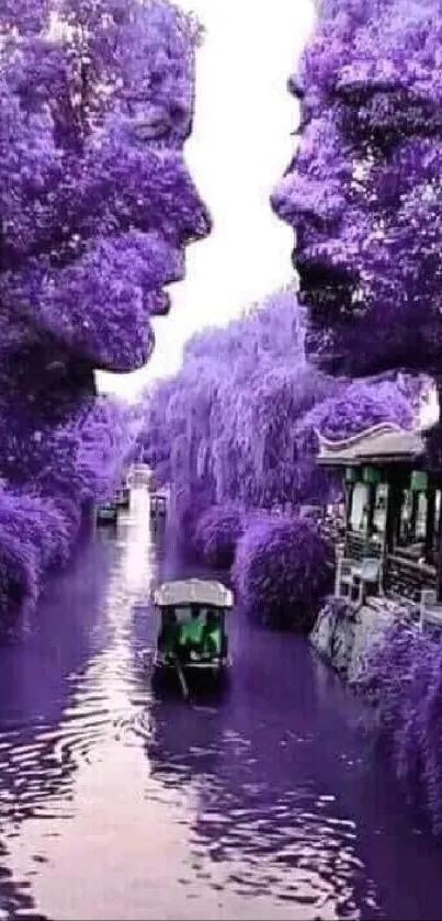 Surreal purple landscape with face-shaped trees and river.