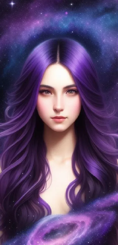 Fantasy-themed wallpaper of figure with purple hair in a starry galaxy.