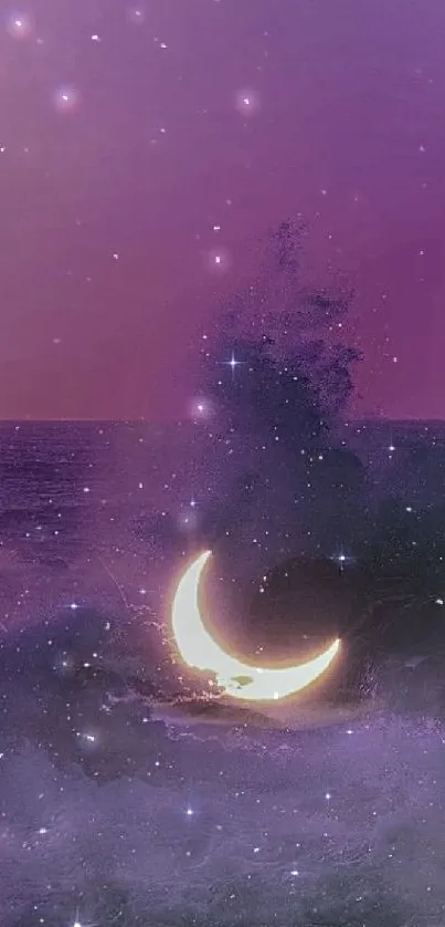 Crescent moon on a purple oceanic night sky with glowing stars.