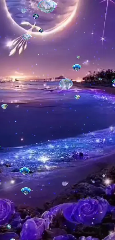 Purple ocean scene with jewels under a mystical night sky.