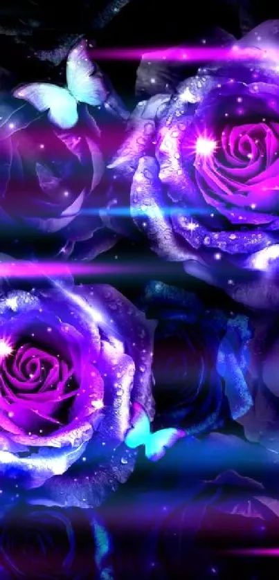 Vibrant purple roses with butterflies on a dark elegant background.