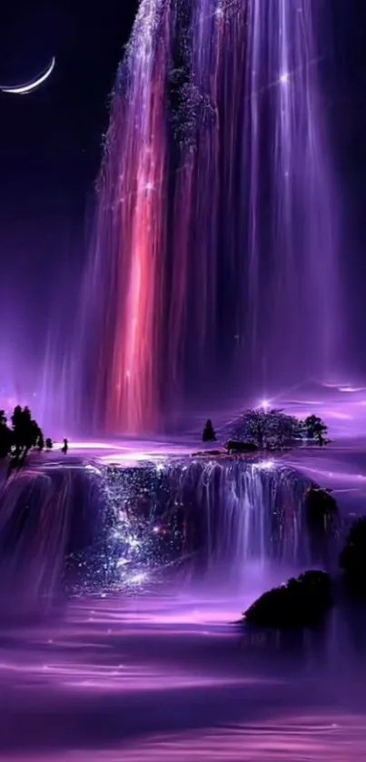 Surreal purple waterfall under crescent moonlight.