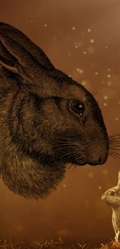 Fantasy rabbit art in brown forest setting.