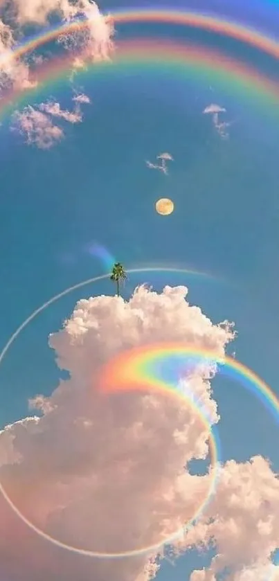 Ethereal rainbow arches over clouds in a dreamy sky.