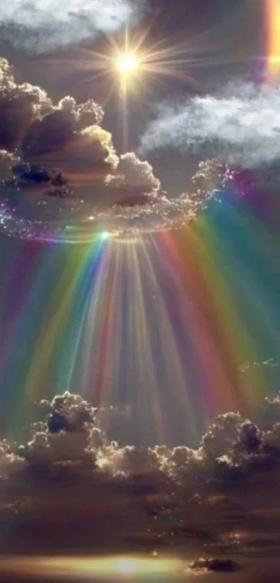 Vibrant sky with rainbow rays emerging through clouds.