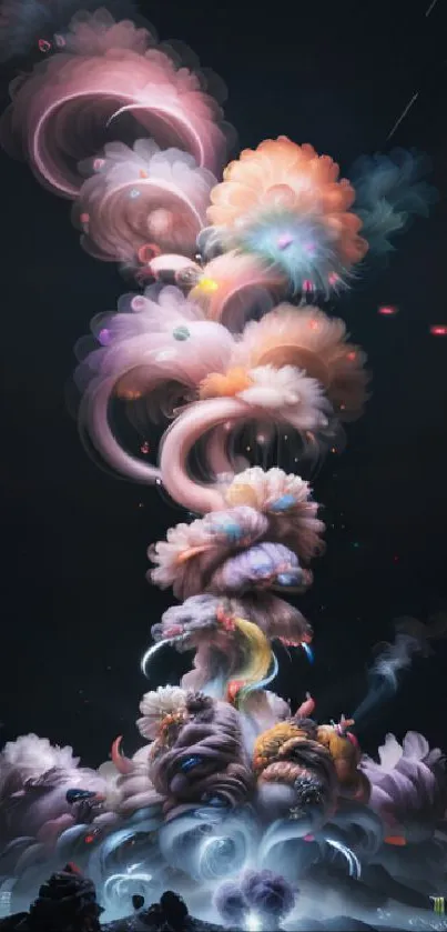 Ethereal rainbow smoke art against a dark sky creating a mystical atmosphere.