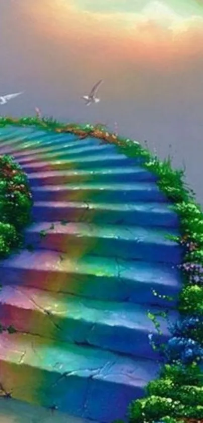 Mystical rainbow staircase leading to a vibrant sky.