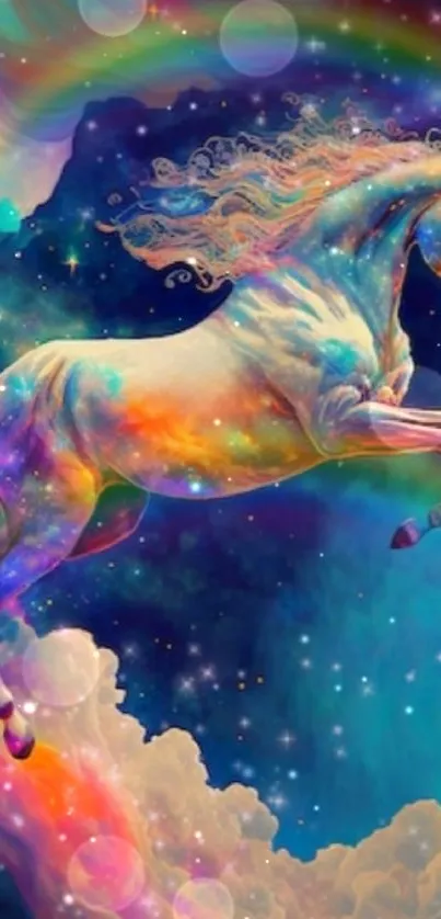 Ethereal unicorn leaping through a rainbow and starry sky.