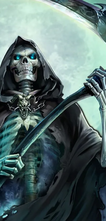 Mystical Grim Reaper with scythe against a moonlit teal sky.